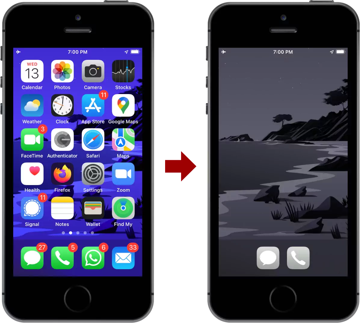 iPhone before the intervention (in colour, with many apps and notifications) versus after (in greyscale with no notifications and few apps).